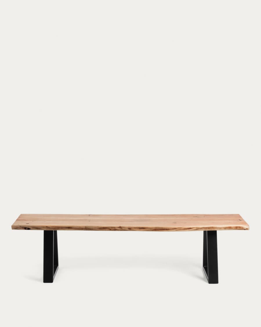 Alaia bench in solid natural acacia wood with black steel legs, 140 cm