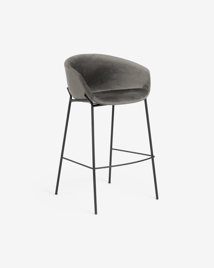 Yvette grey velvet stool with steel in a black finish, height 74 cm