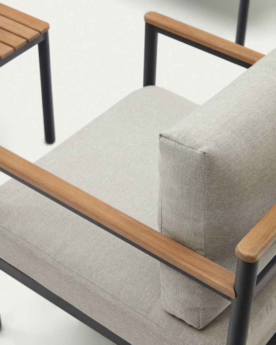 Aiguafreda set, 2 seater sofa, 2 chairs & coffee table made from grey aluminium & acacia