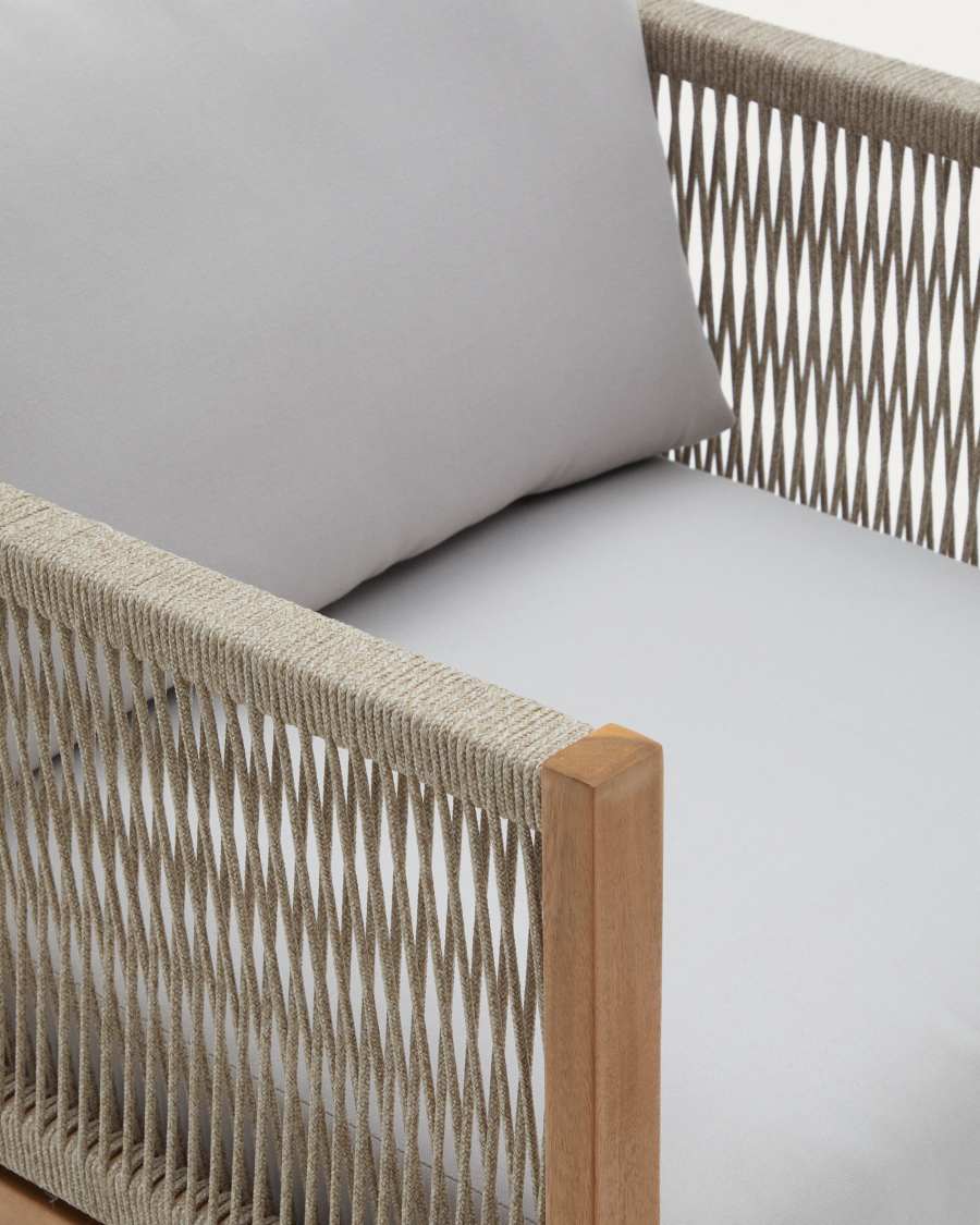 Ensemble Esgrau canapé 2 places, 2 fauteuils et table basse en bois d’acacia FSC 100 % corde beige