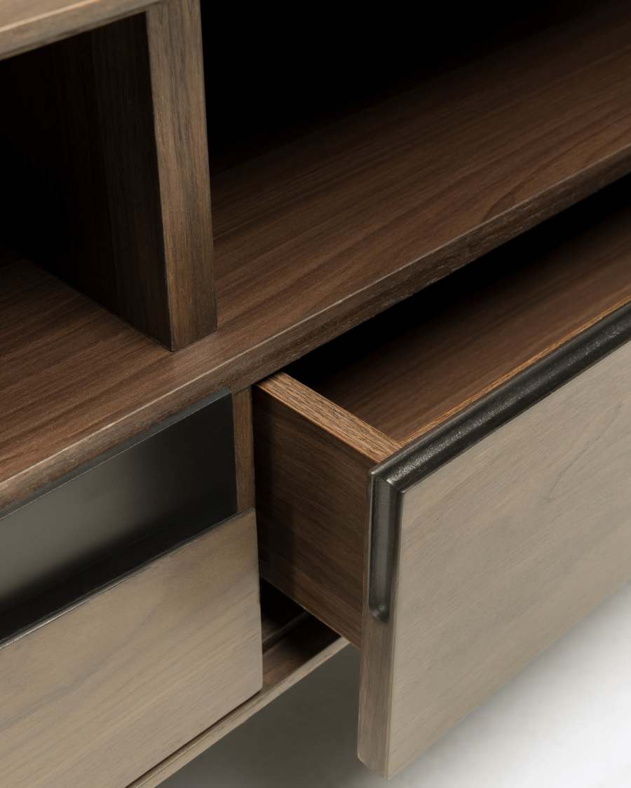 Cutt American walnut veneer TV stand with drawers and black finish steel, 180 x 56 cm