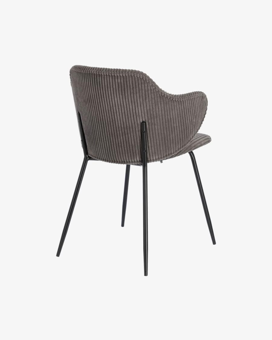 Sedia Suanne in velluto a coste spesso grigio scuro con gambe in acciaio verniciato nero