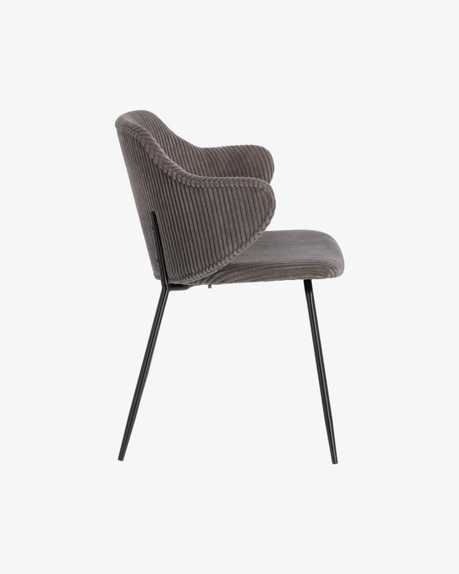 Sedia Suanne in velluto a coste spesso grigio scuro con gambe in acciaio verniciato nero