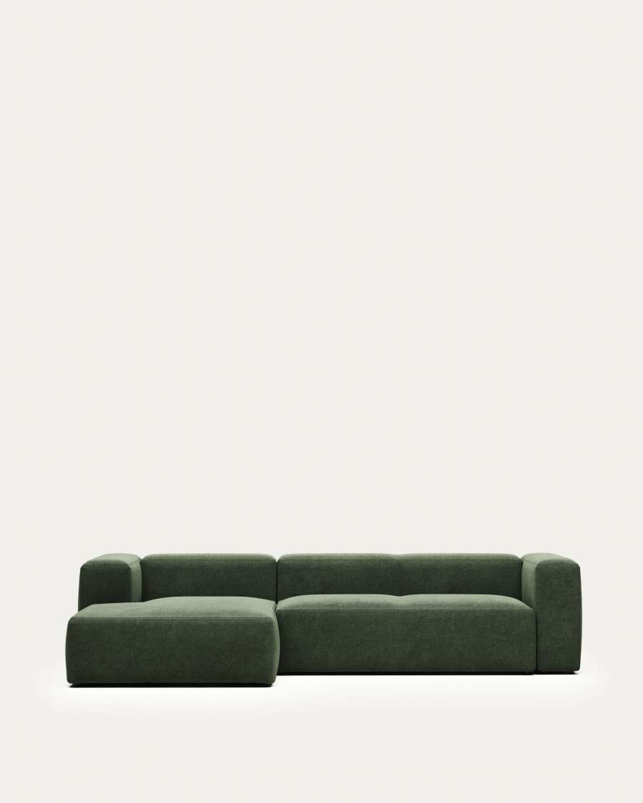 Blok fire-retardant 3-seater sofa with left chaise longue in green chenille 300cm