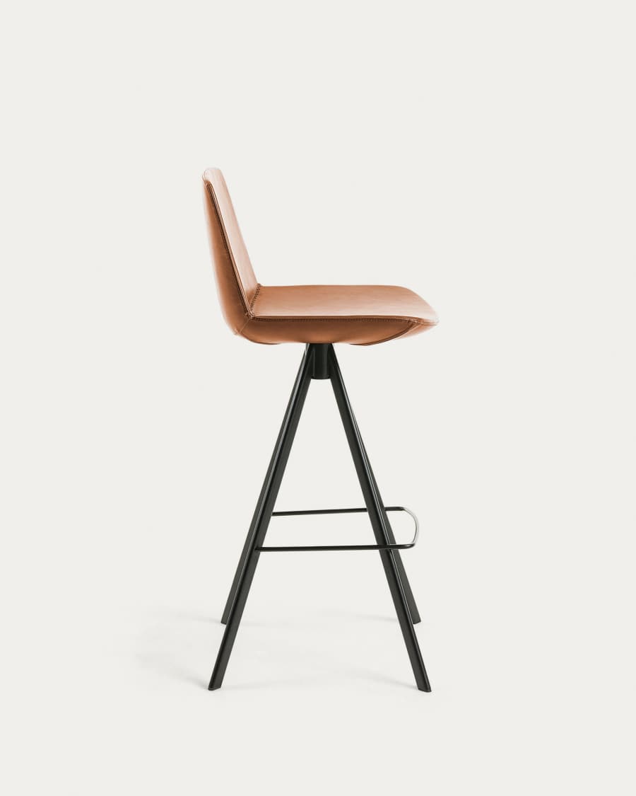 Zeva brown faux leather stool with steel in a black finish, height 75 cm