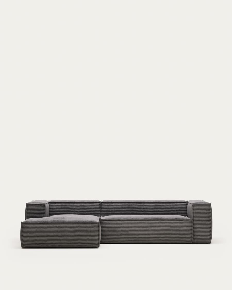 Blok fire-retardant 3-seater sofa with left chaise longue in thick grey corduroy 300cm