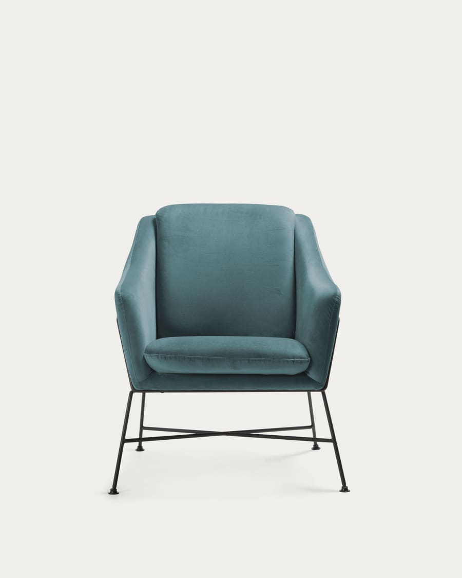 Brida velvet armchair in turquoise with steel structure in black finish.