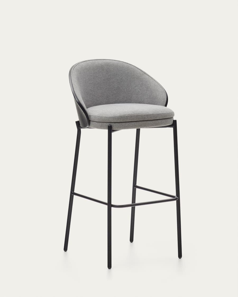 Eamy stool light grey chenille and ash wood veneer with a black finish and black metal, 77 cm