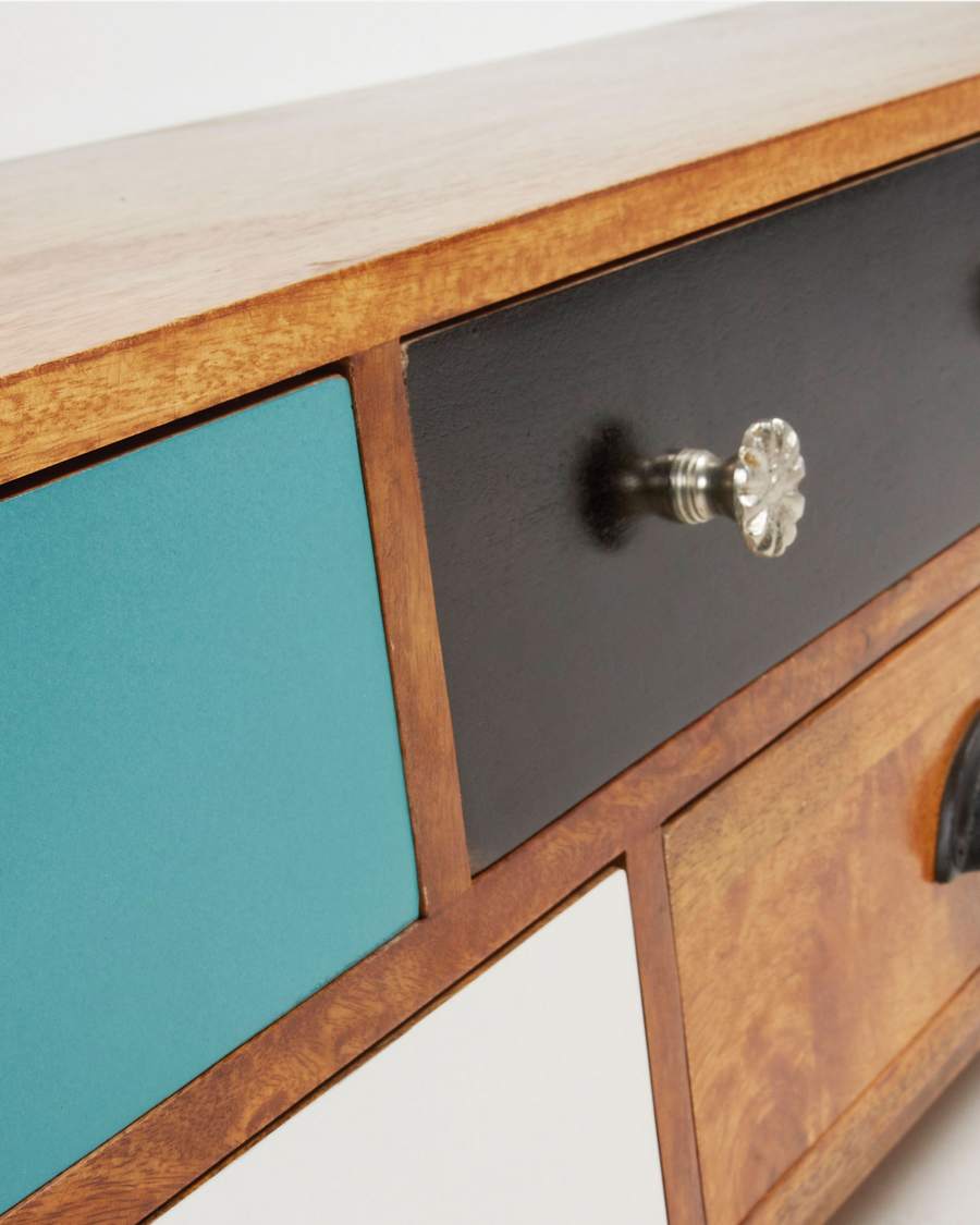 Conrad solid mango wood TV stand with 7 drawers, multicolour and natural finish, 160 x 41 cm