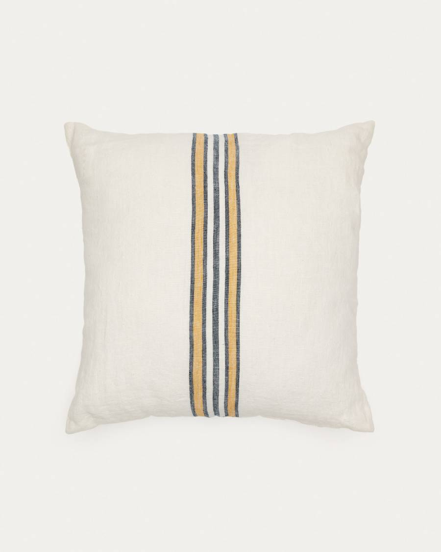 Housse de coussin Vallcanera 100 % lin beige avec rayures jaunes et bleues 45 x 45 cm