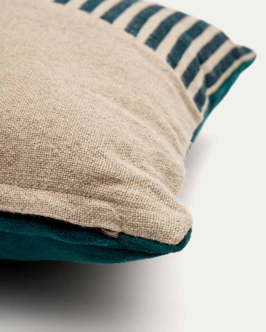 Mikayla linen and cotton printed cushion cover with green, natural velvet 30 x 50cm