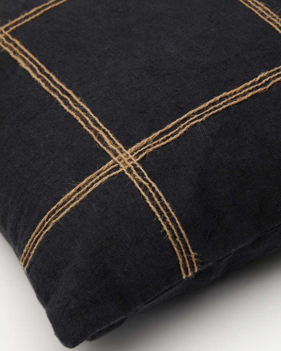 Housse de coussin Soalia en coton noir avec broderie à rayures en jute naturel 45 x 45 cm