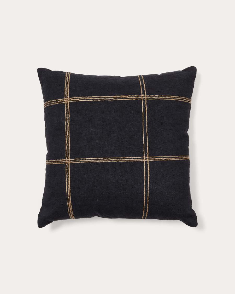 Housse de coussin Soalia en coton noir avec broderie à rayures en jute naturel 45 x 45 cm