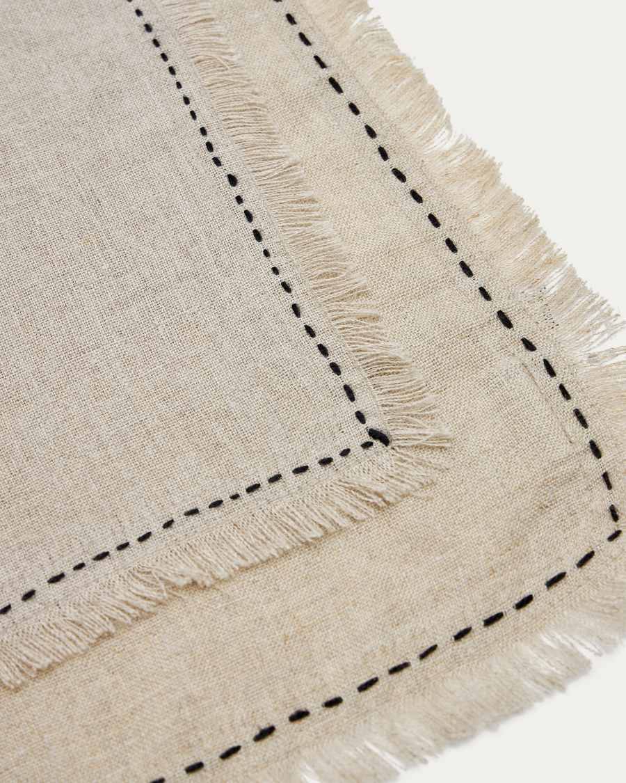 Montalt set two 100% linen tablecloths with beige fringes and black contrast stitching