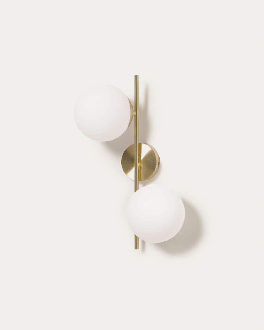 Mahala steel wall light with brass finish and two frosted glass spheres