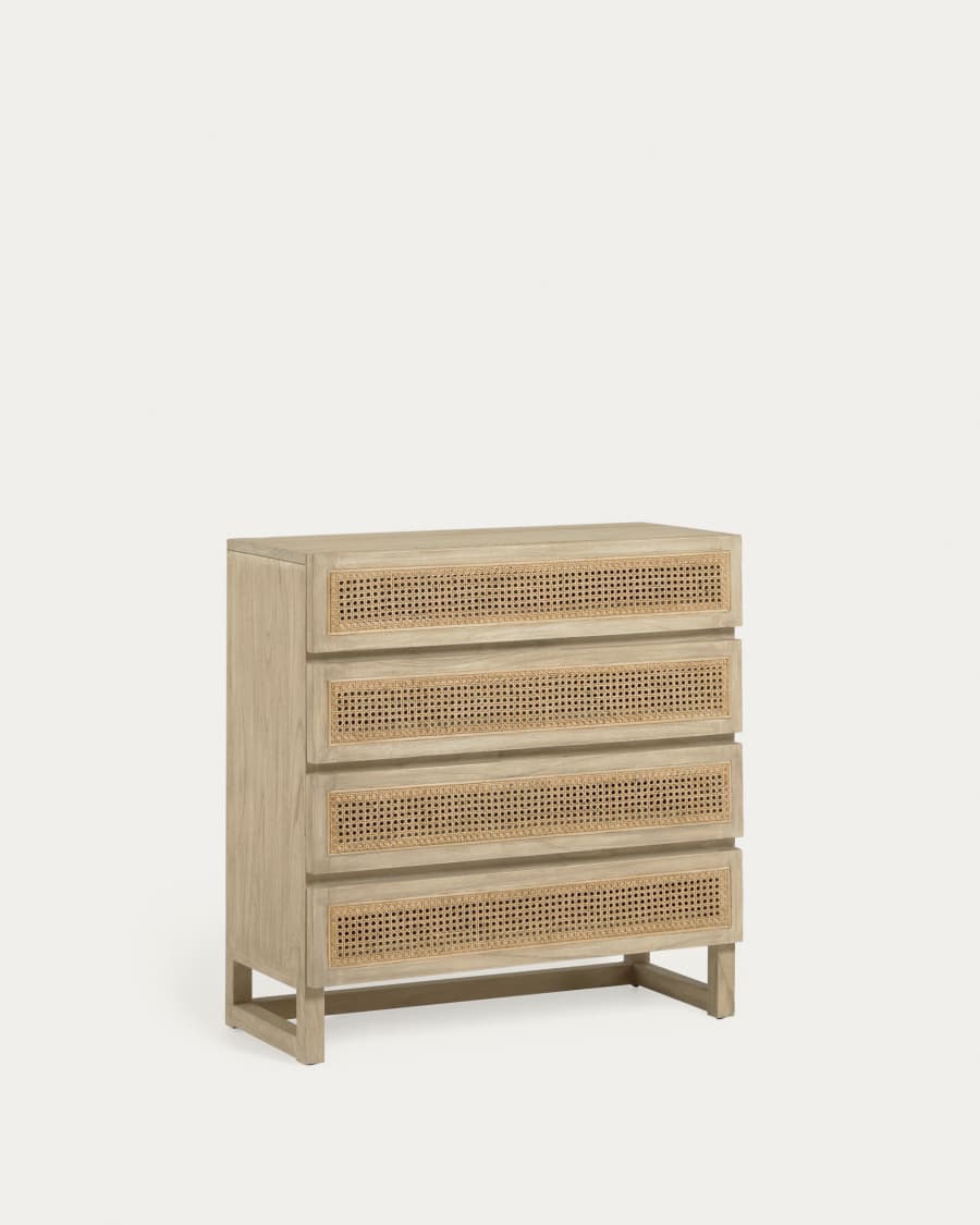 Cassettiera Rexit legno massello e impiallacciatura mindi con rattan 90 x 93 cm
