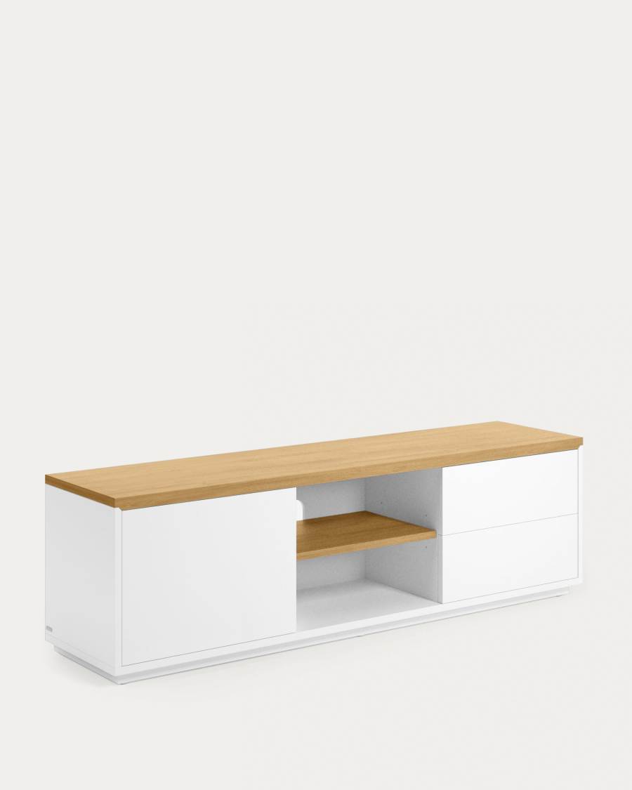 Meuble TV Abilen 1 porte et 2 tiroirs placage de chêne et laqué blanc 150 x 44 cm FSC 100%