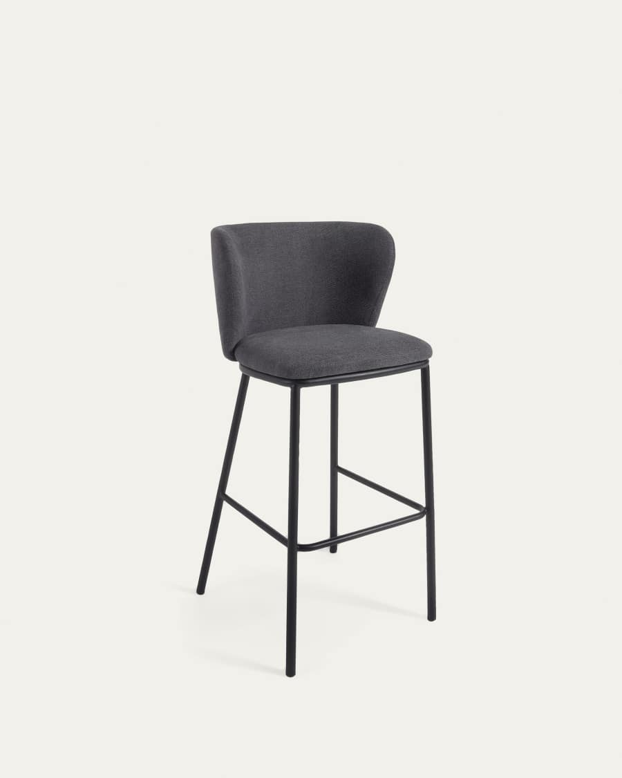 Ciselia stool in dark grey chenille and black steel legs 75 cm FSC Mix Credit