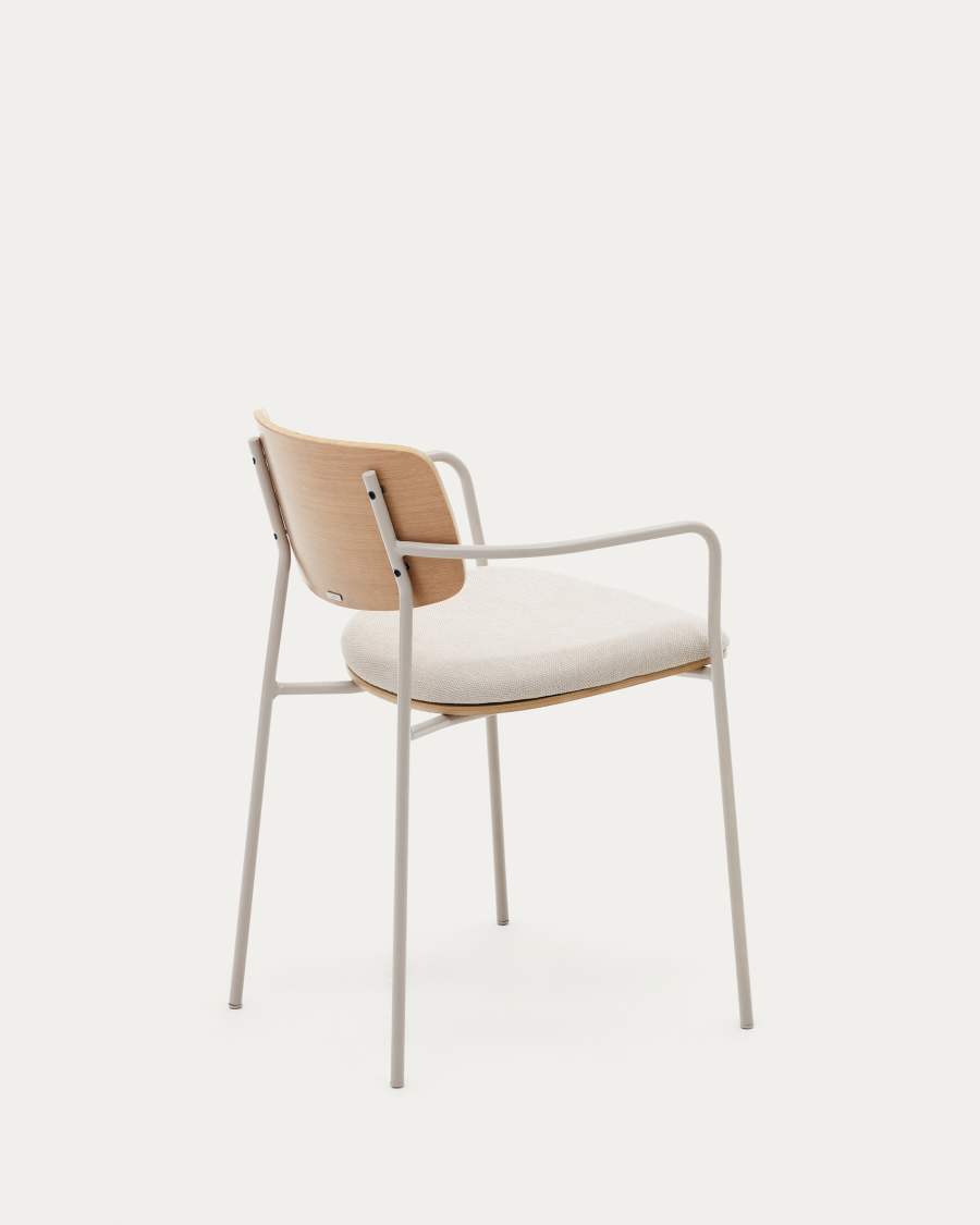 Maureen stackable chair in poplar plywood with light tone finish and beige metal legs, 100% FSC