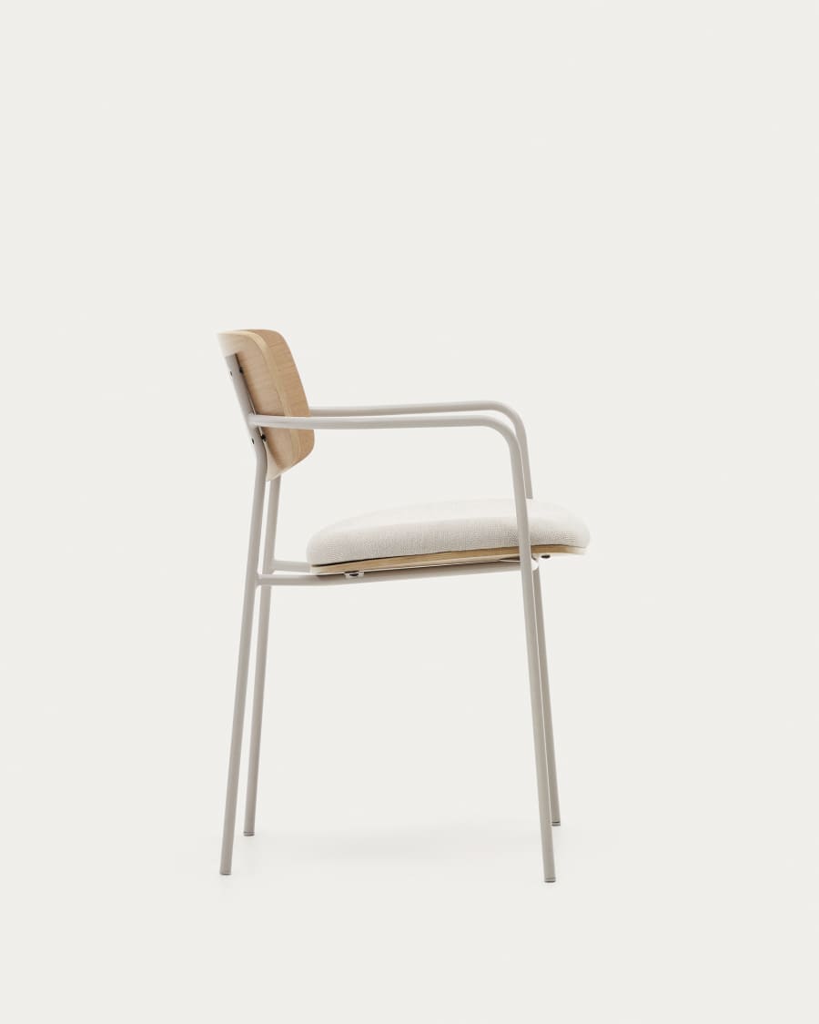 Maureen stackable chair in poplar plywood with light tone finish and beige metal legs, 100% FSC