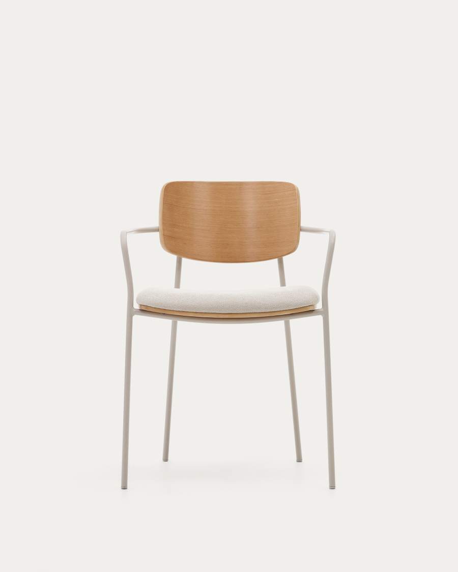 Maureen stackable chair in poplar plywood with light tone finish and beige metal legs, 100% FSC