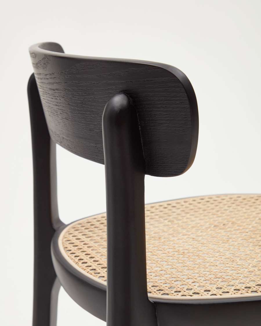 Romane beechwood stool with a black finish, ash wood veneer and ratan seat height 75 cm