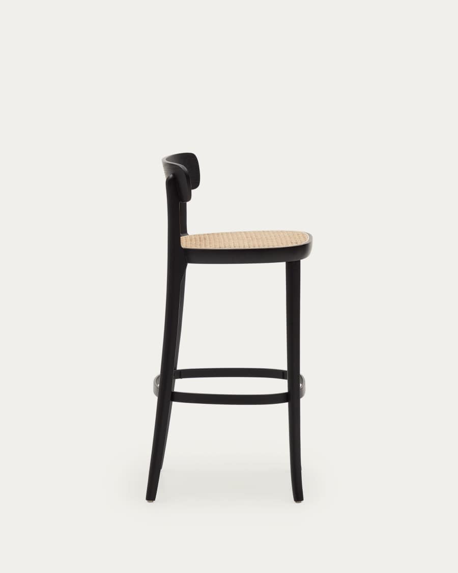 Romane beechwood stool with a black finish, ash wood veneer and ratan seat height 75 cm