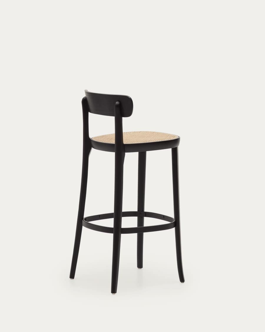 Romane beechwood stool with a black finish, ash wood veneer and ratan seat height 75 cm