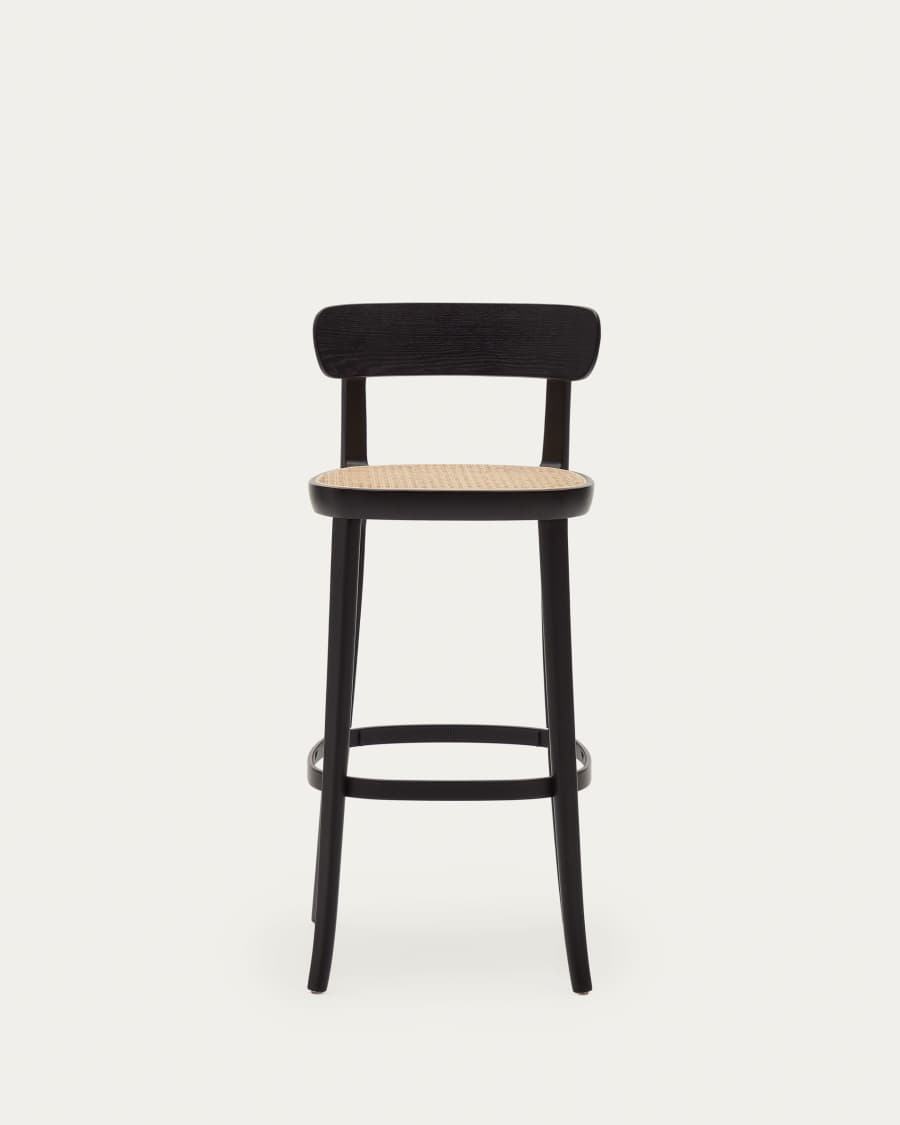 Romane beechwood stool with a black finish, ash wood veneer and ratan seat height 75 cm