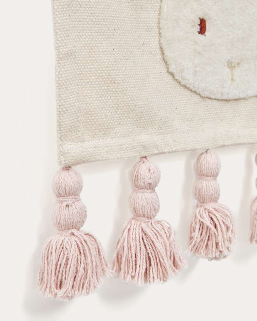 Tapeçaria de parede Yanil algodão branco com coelhinho e borlas rosa 40 x 30 cm