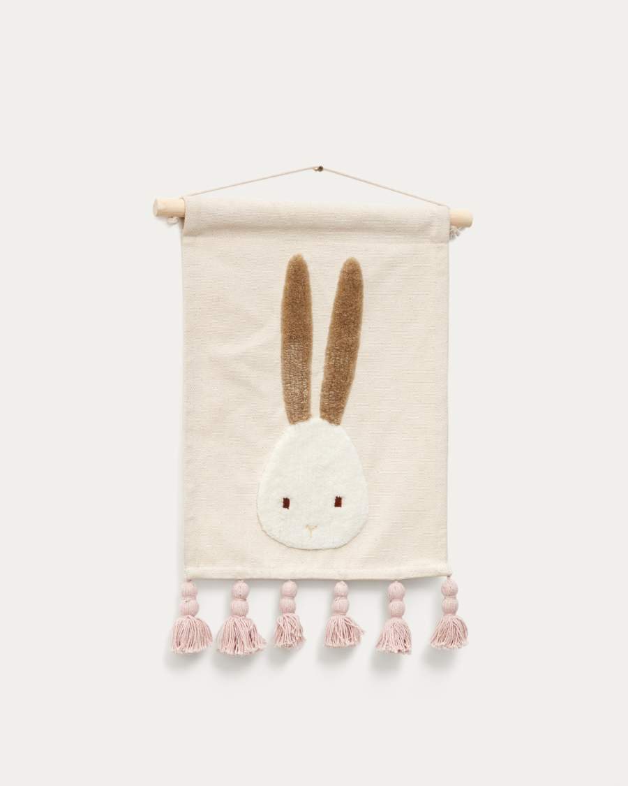 Tapeçaria de parede Yanil algodão branco com coelhinho e borlas rosa 40 x 30 cm