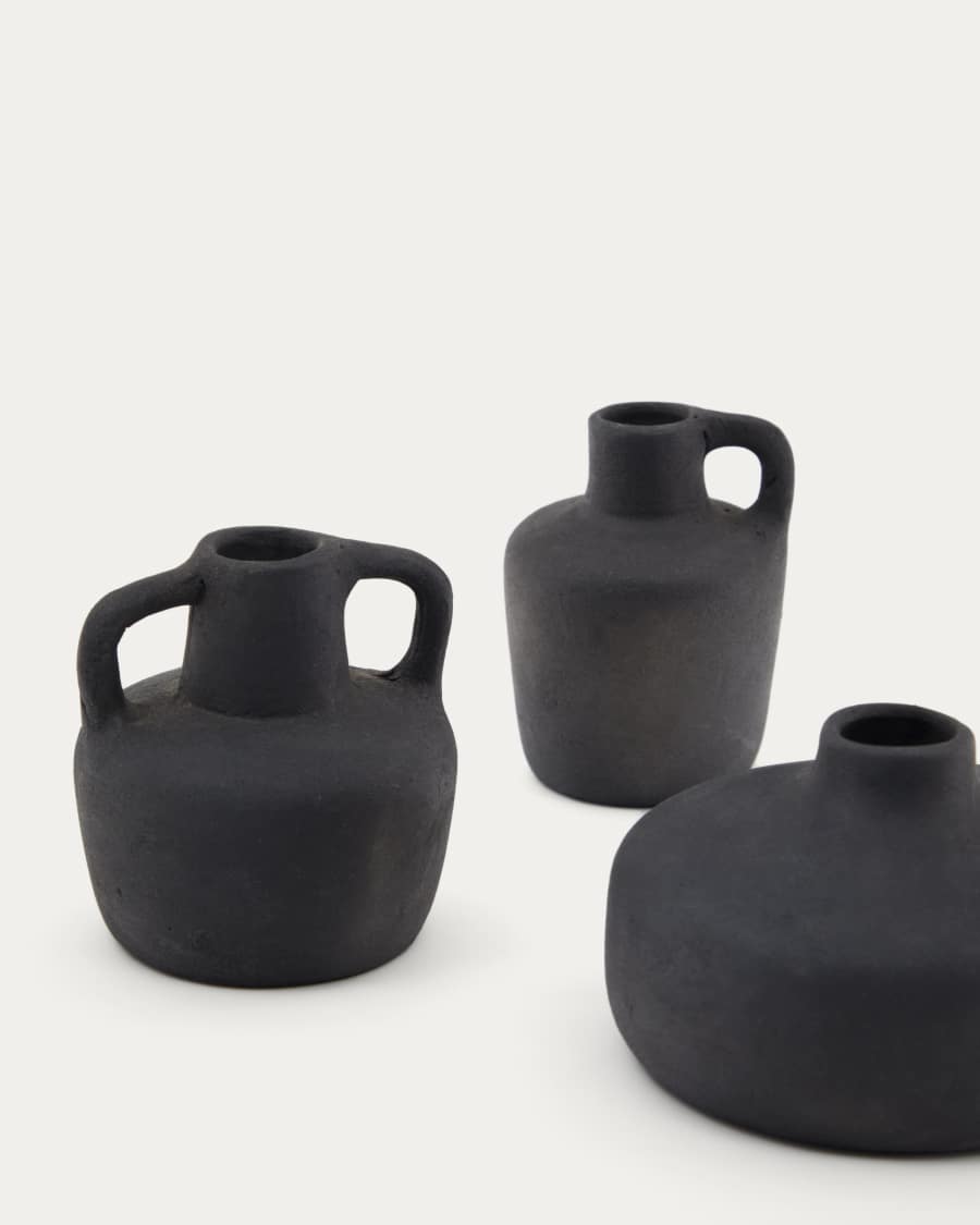 Sofra set of 3 terracotta vases in a black finish, 6 cm / 7 cm / 10 cm