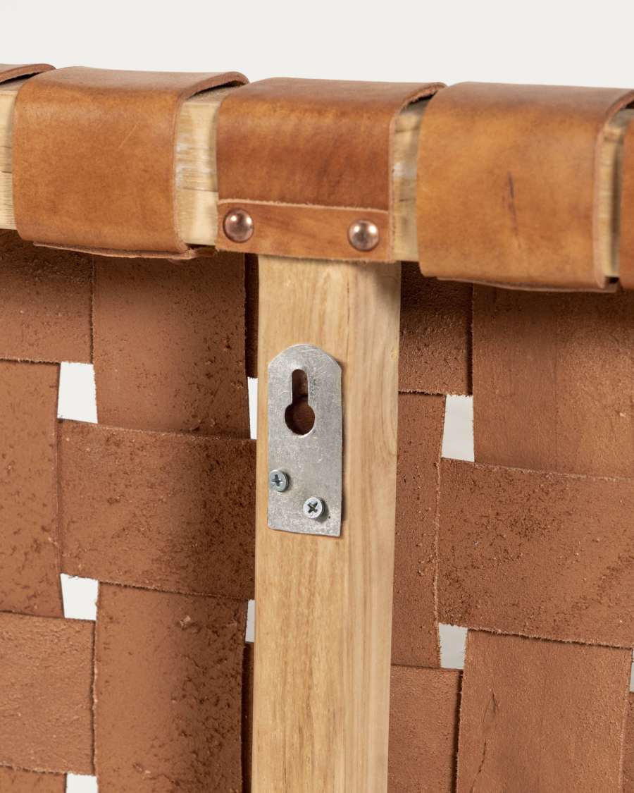 Calixta solid teak wood and leather headboard with natural finish for a bed up to 150 cm