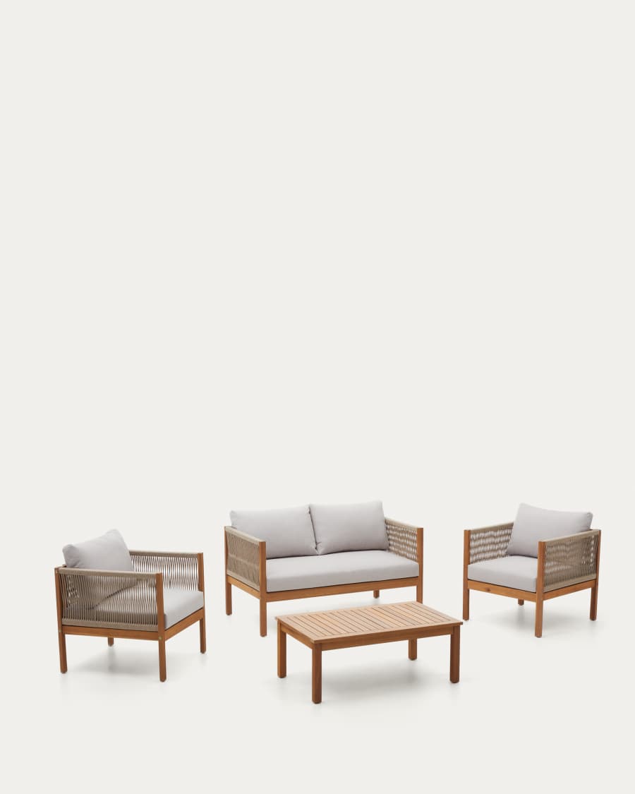 Ensemble Esgrau canapé 2 places, 2 fauteuils et table basse en bois d’acacia FSC 100 % corde beige