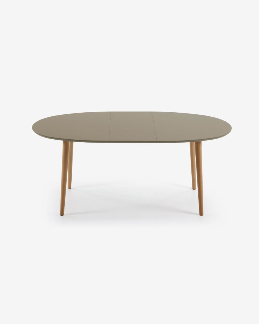 Oqui oval extendable MDF table with brown lacquer and solid beech legs 140 (220) x 90 cm