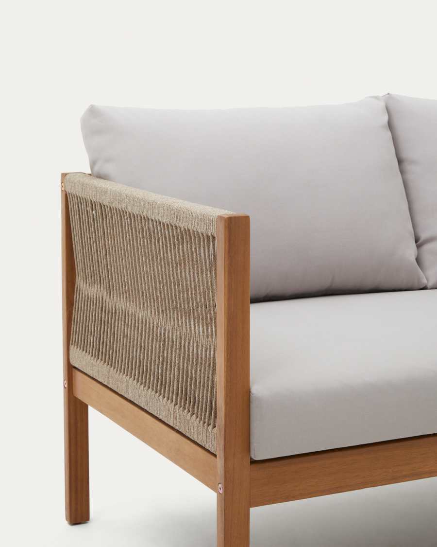 Ensemble Esgrau canapé 2 places, 2 fauteuils et table basse en bois d’acacia FSC 100 % corde beige