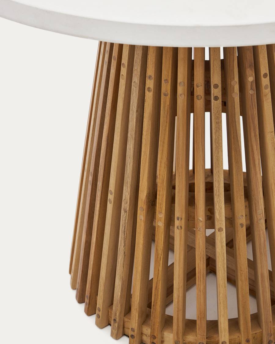Alcaufar round outdoor table made of solid teak wood and white cement Ø 90 cm