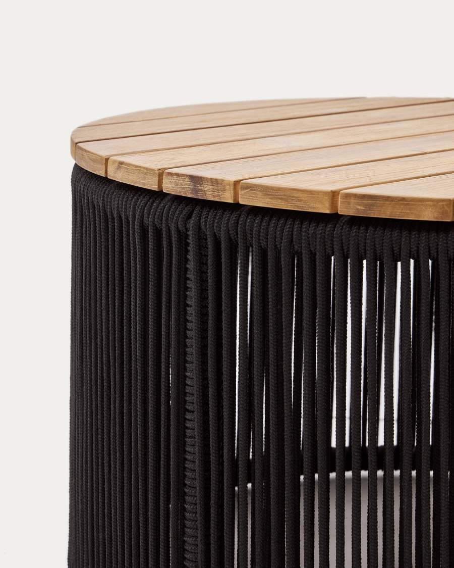 Tavolino Dandara in acciaio, corda nera e legno massiccio di acacia Ø60 cm FSC 100%