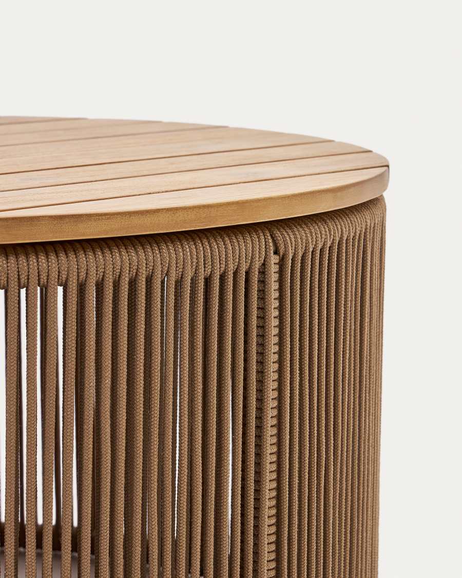 Taula de centre Dandara d'acer, corda beix i fusta massissa d'acàcia Ø70 cm FSC 100%