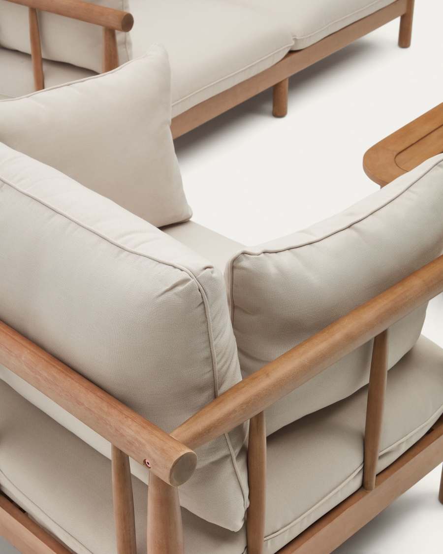 Set Sacova di 2 poltrone, divano a 2 posti e tavolino in legno massiccio di eucalipto FSC