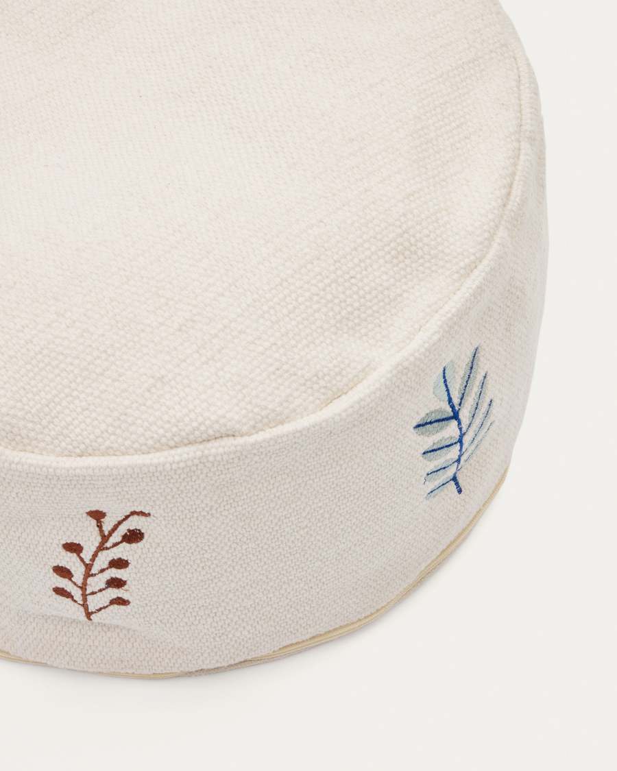 Yanil 100% white cotton pouffe with multicolour leaf embroidery, Ø 40 cm