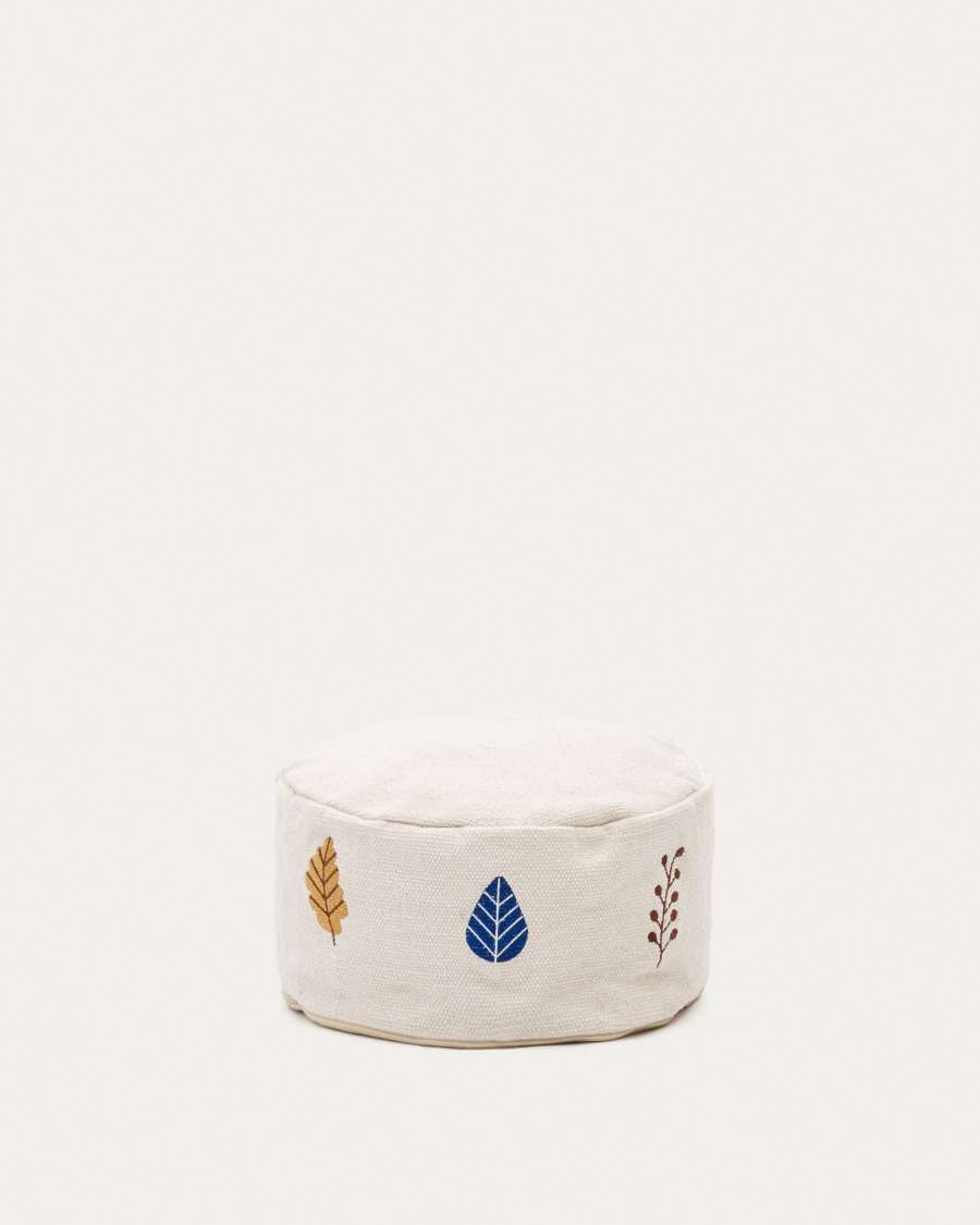 Yanil 100% white cotton pouffe with multicolour leaf embroidery, Ø 40 cm