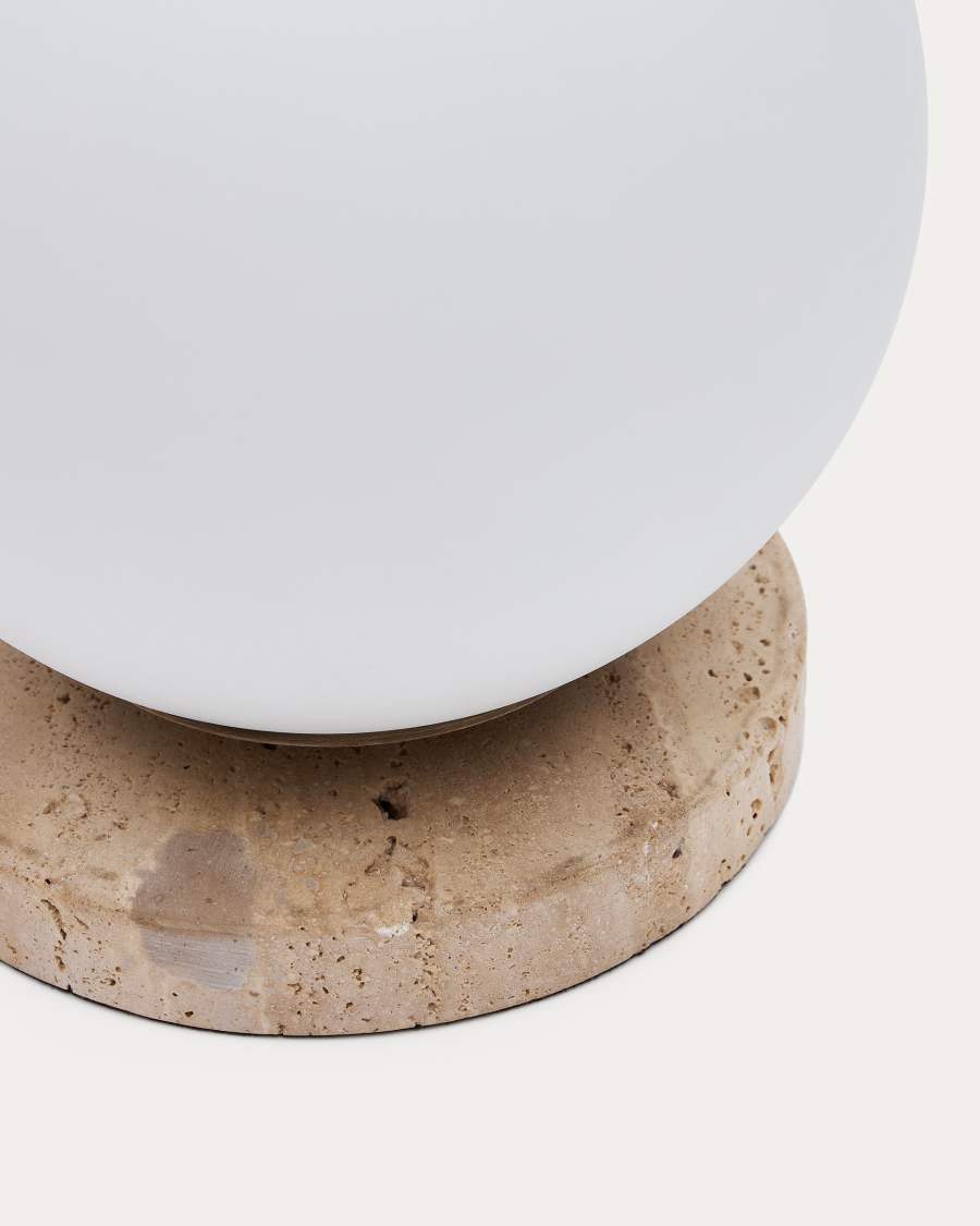 Malachi table lamp with glazed glass and travertine stone UK adapter