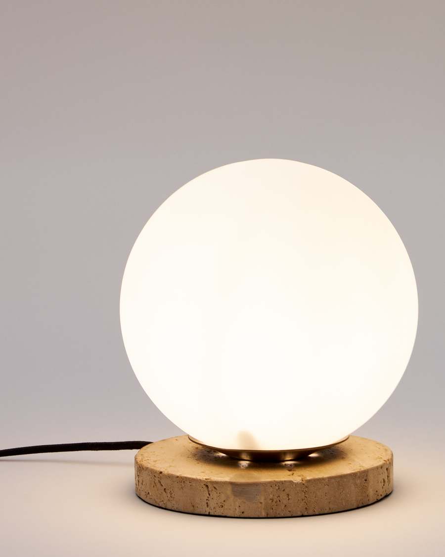 Malachi table lamp with glazed glass and travertine stone UK adapter