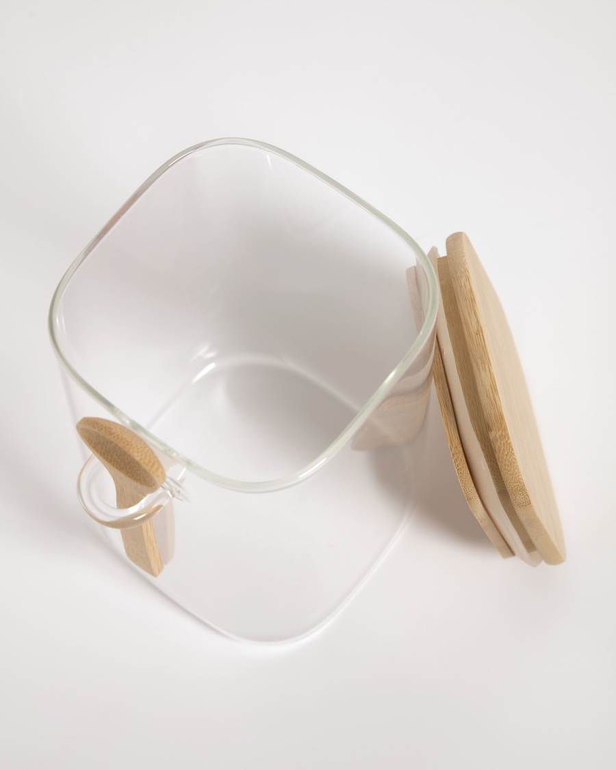 Bocal avec cuillère Ilaria grand format en verre transparent et bois de bambou