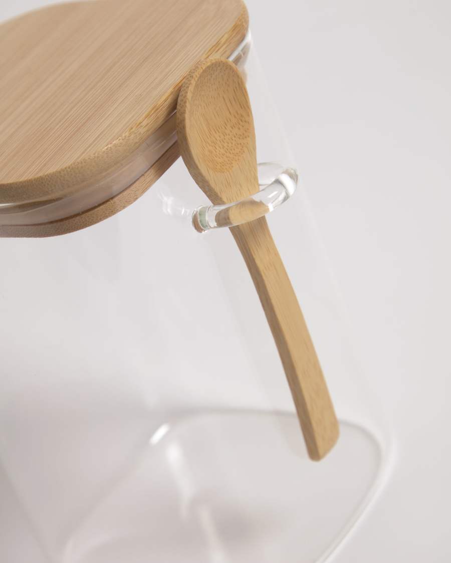 Bocal avec cuillère Ilaria grand format en verre transparent et bois de bambou