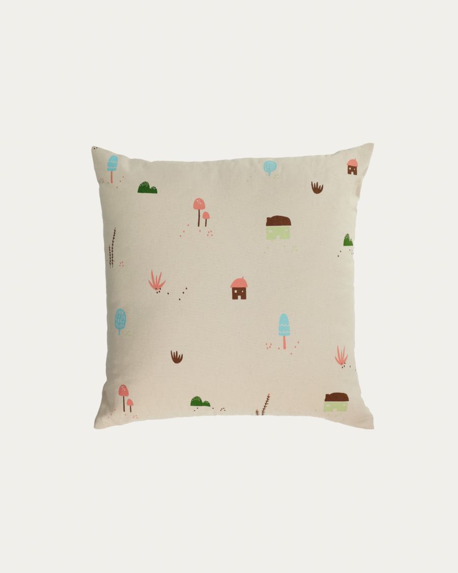 Kussenhoes Llaru 100% katoen witte huisjes en paddenstoelen multicolour 45 x 45 cm