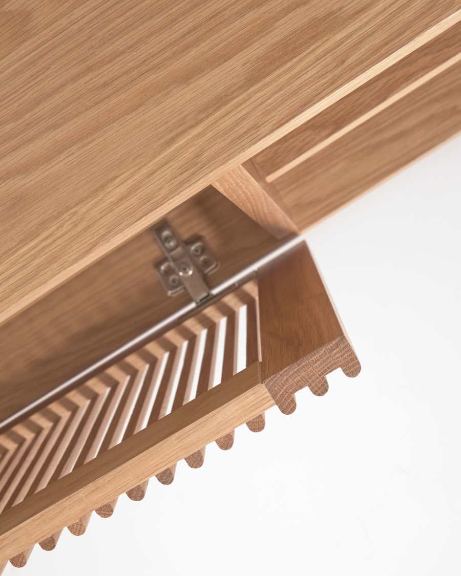 Beyla solid oak TV stand with two doors and oak veneer 180 x 49 cm FSC 100%.