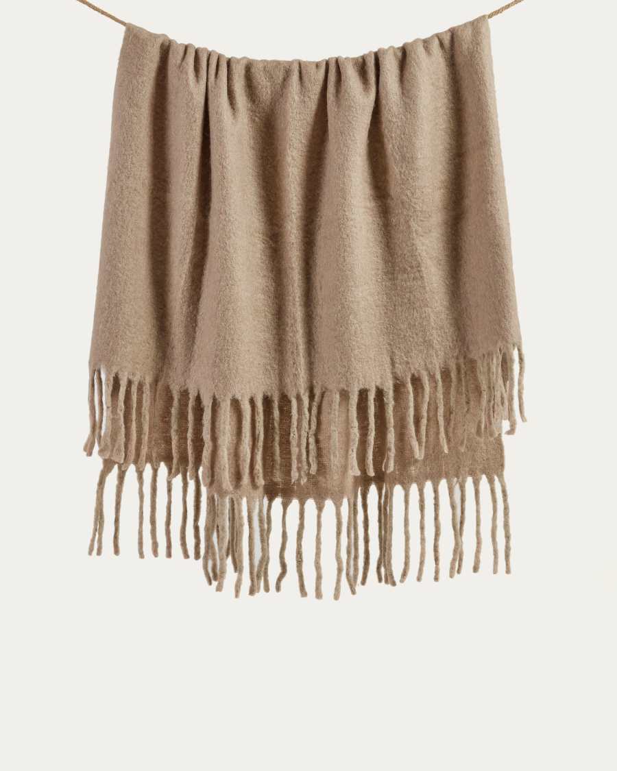 Jiba blanket with tassels in beige wool, 125 x 150 cm