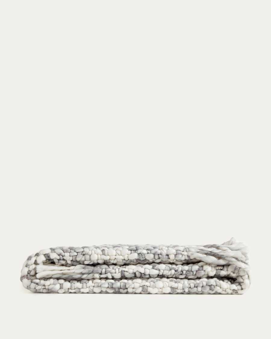 Plaid à franges Persis en laine gris et bleu 125 x 150 cm